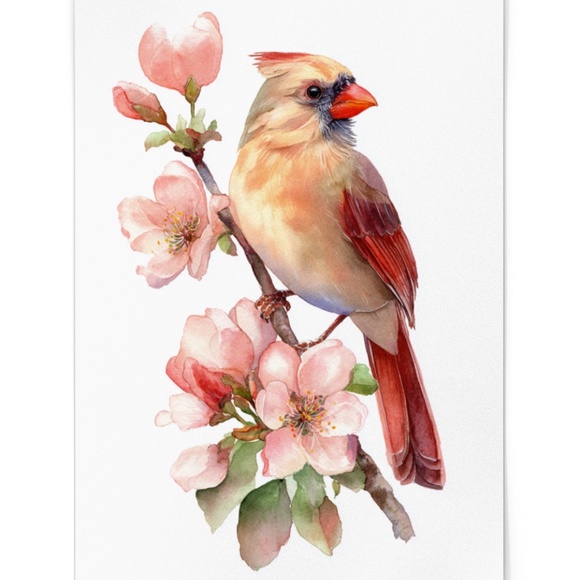 Watercolor Female Cardinal Bird with Flowers Wall Art Print Unframed - Picture 2 of 7